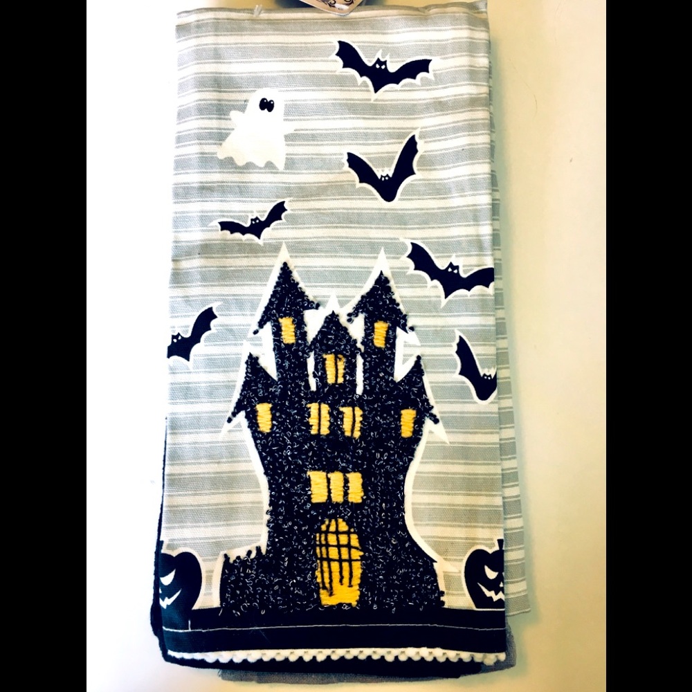 3 Halloween Embroider Haunted House Kitchen Towels